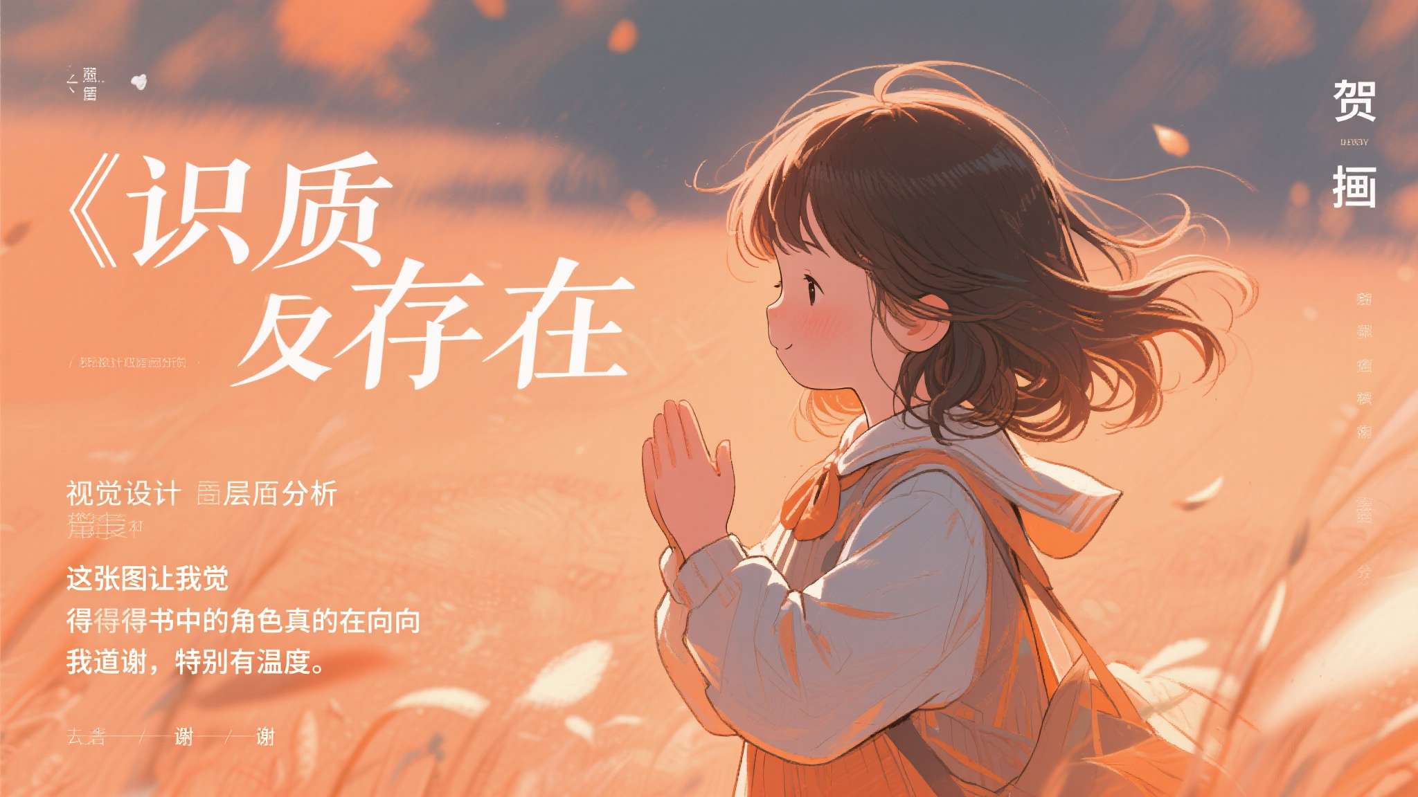 从视觉设计层面分析，贺图采用了温暖的暖橙色调与柔和的插画风格，与《识质存在》整体
